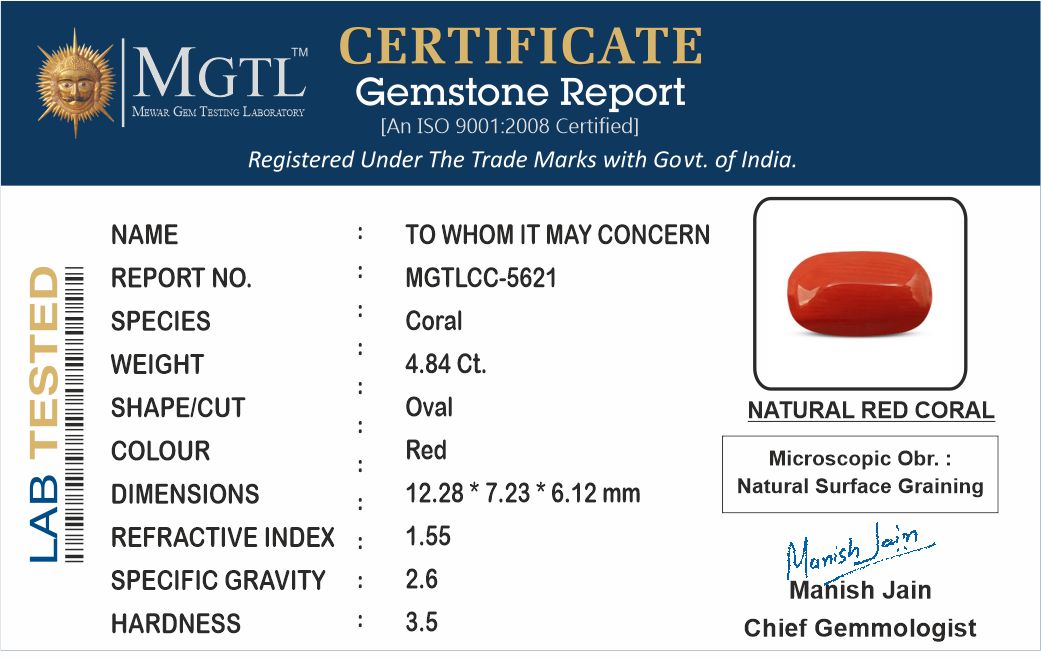 Red Coral - 4.84 Carat (5.35 Ratti - Moonga)