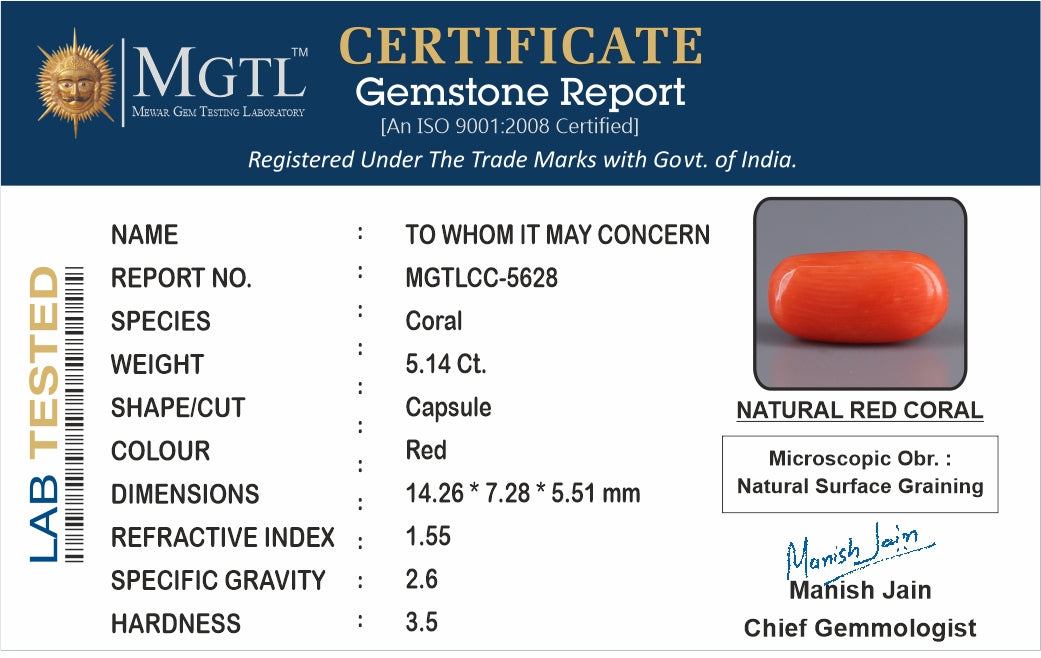 Red Coral - 5.14 Carat (5.68 Ratti - Moonga)