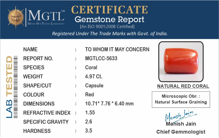 Red Coral - 4.97 Carat (5.49 Ratti - Moonga)