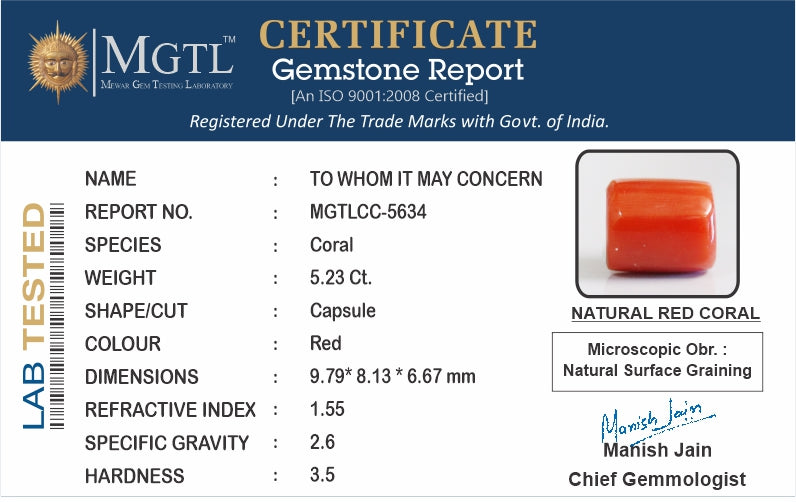 Red Coral - 5.23 Carat (5.78 Ratti - Moonga)