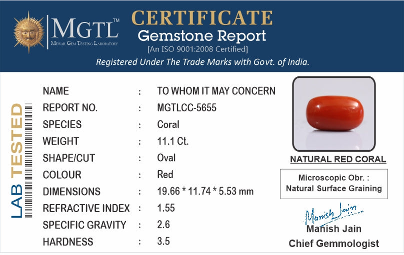 Red Coral - 11.10 Carat (12.27 Ratti - Moonga)