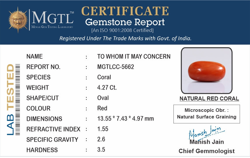 Red Coral - 4.27 Carat (4.72 Ratti - Moonga)