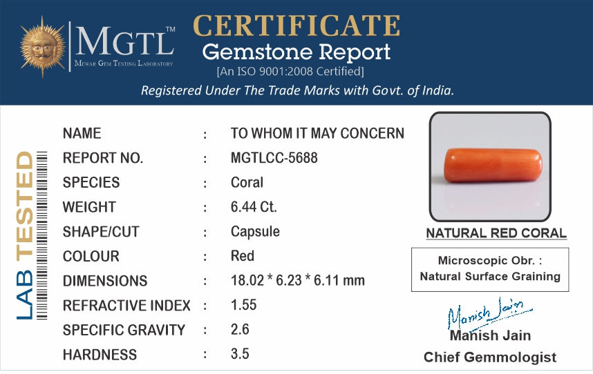 Italian Red Coral - 6.44 Carat Prime Quality CC-5688