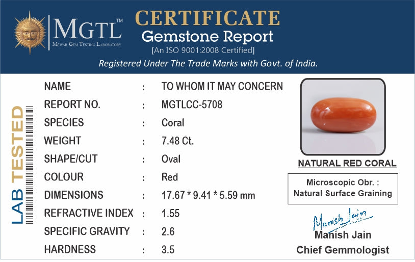 Red Coral - 7.48 Carat (8.27 Ratti - Moonga)