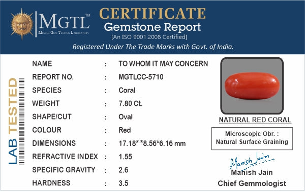 Red Coral - 7.80 Carat (8.62 Ratti - Moonga)