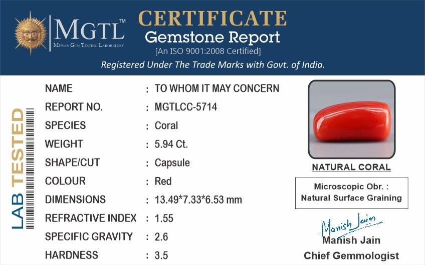 Italian Red Coral - 5.94 Carat Limited Quality CC 5714