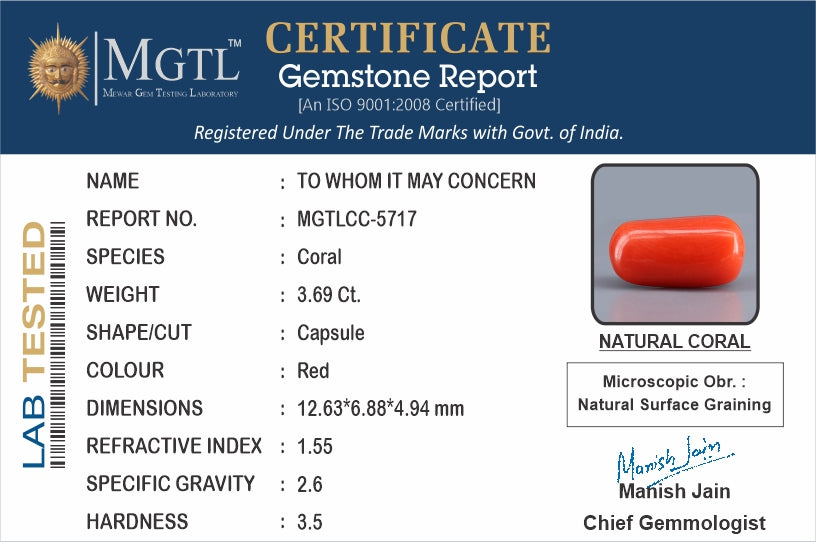 Italian Red Coral - 3.69 Carat Limited Quality CC 5717