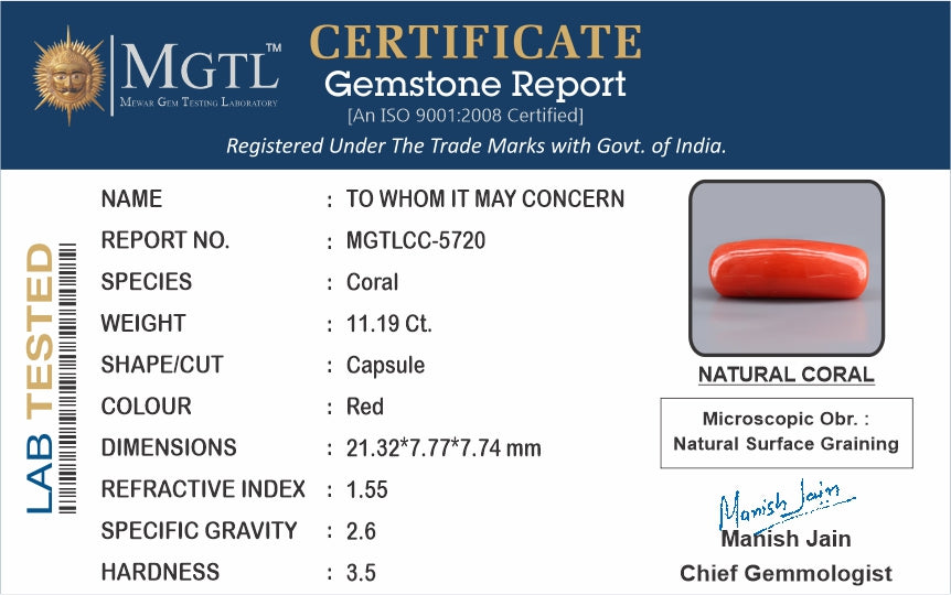 Red Coral - 11.19 Carat (12.36 Ratti - Moonga)