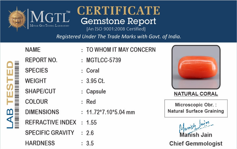 Red Coral - 3.95 Carat (4.36 Ratti - Moonga)