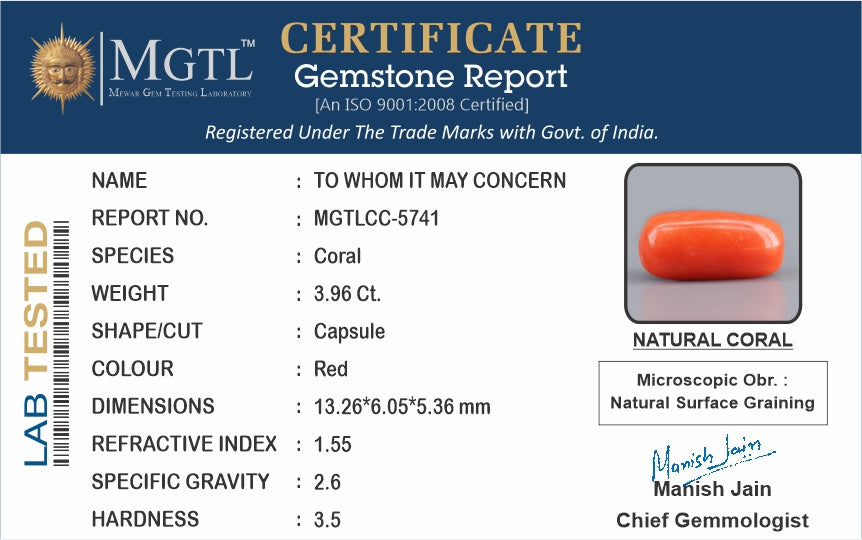 Red Coral - 3.96 Carat (4.38 Ratti - Moonga)