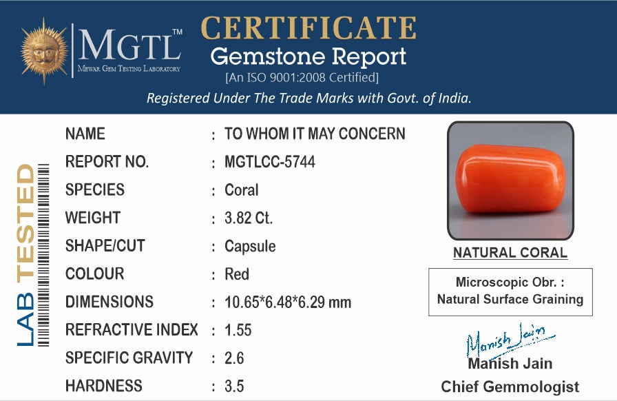 Red Coral - 3.82 Carat (4.22 Ratti - Moonga)
