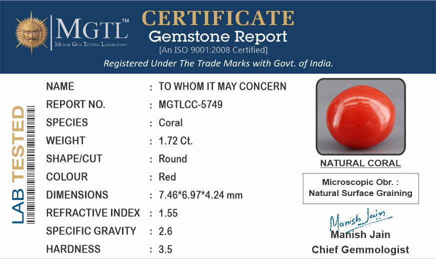 Red Coral - 1.72 Carat (1.90 Ratti - Moonga)