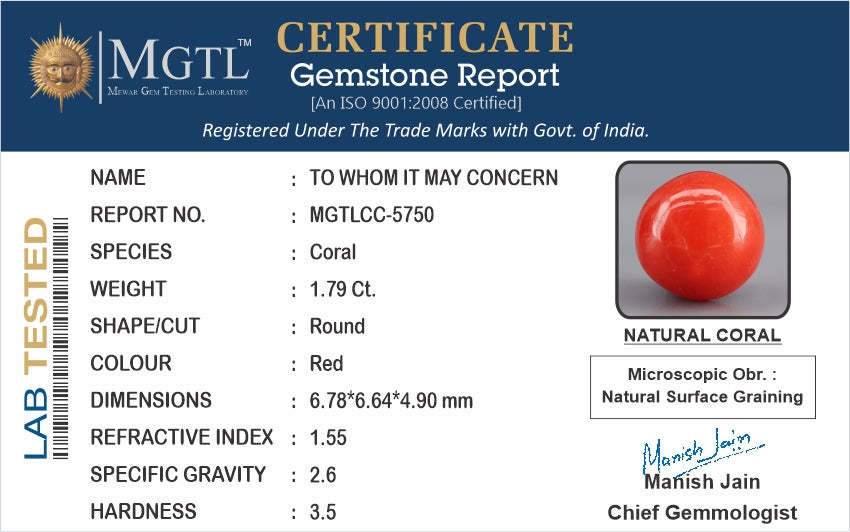 Red Coral - 1.79 Carat (1.98 Ratti - Moonga)