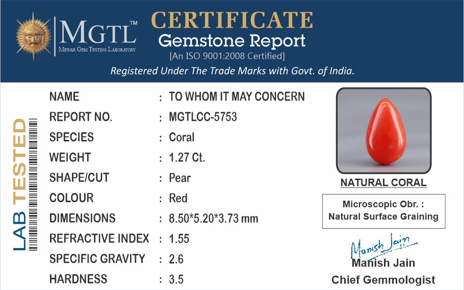 Red Coral - 1.27 Carat (1.40 Ratti - Moonga)