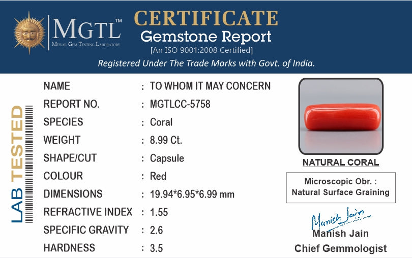 Italian Red Coral - 8.99 Carat Prime Quality CC-5758