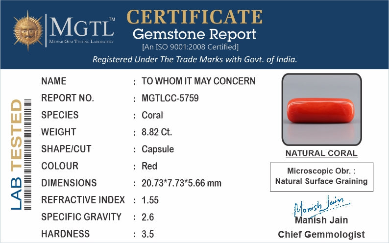 Italian Red Coral - 8.82 Carat Prime Quality CC-5759