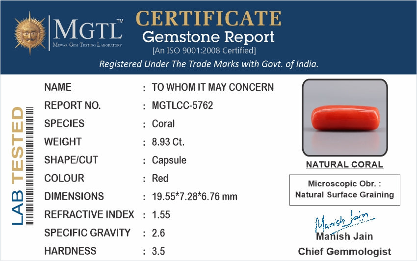 Italian Red Coral - 8.93 Carat Prime Quality CC-5762