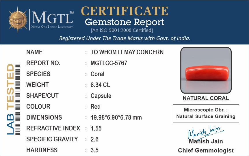 Red Coral - 8.34 Carat (9.22 Ratti - Moonga)