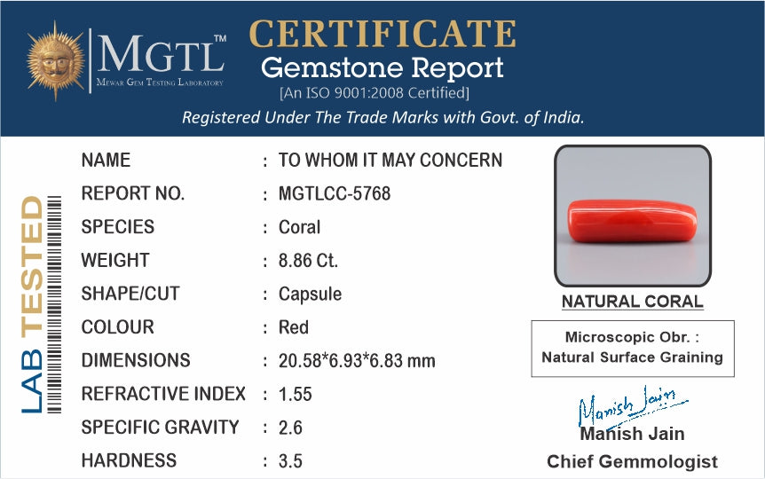Red Coral - 8.86 Carat (9.79 Ratti - Moonga)
