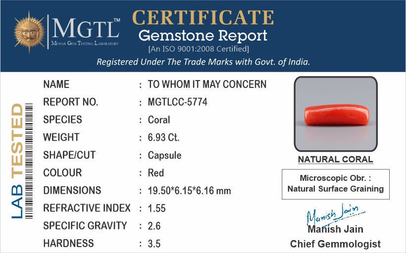 Italian Red Coral - 6.93 Carat Prime Quality CC-5774