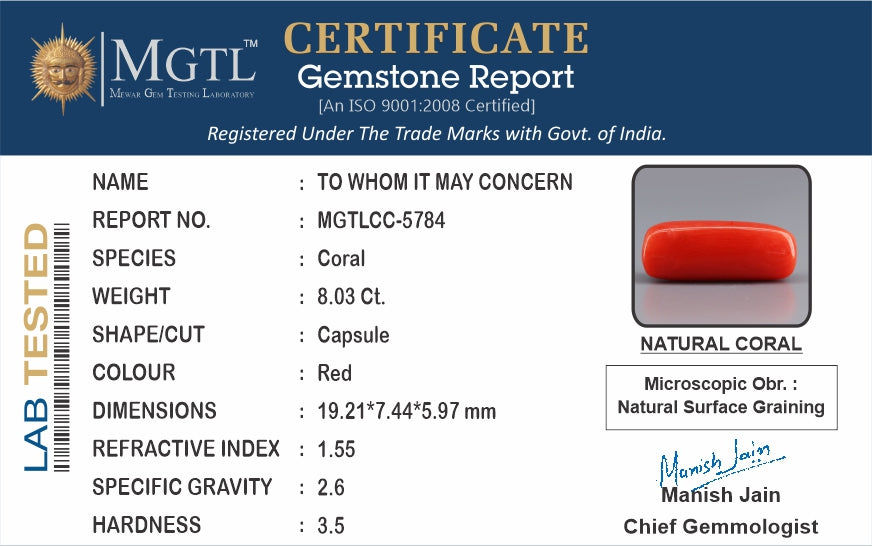 Red Coral - 8.03 Carat (8.87 Ratti - Moonga)