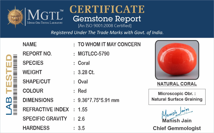 Red Coral - 3.28 Carat (3.62 Ratti - Moonga)