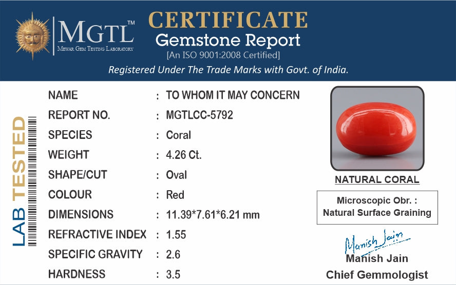 Red Coral - 4.26 Carat (4.71 Ratti - Moonga)