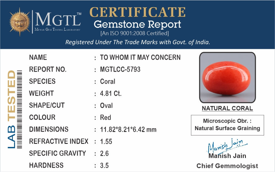 Red Coral - 4.81 Carat (5.31 Ratti - Moonga)