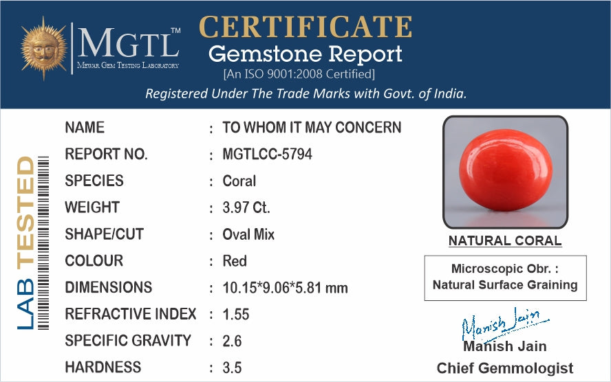Red Coral - 3.97 Carat (4.39 Ratti - Moonga)