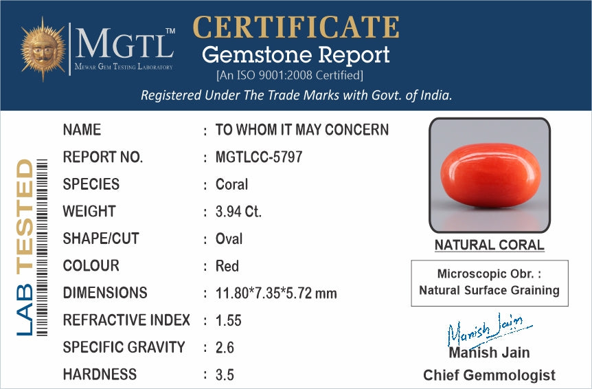 Red Coral - 3.94 Carat (4.35 Ratti - Moonga)