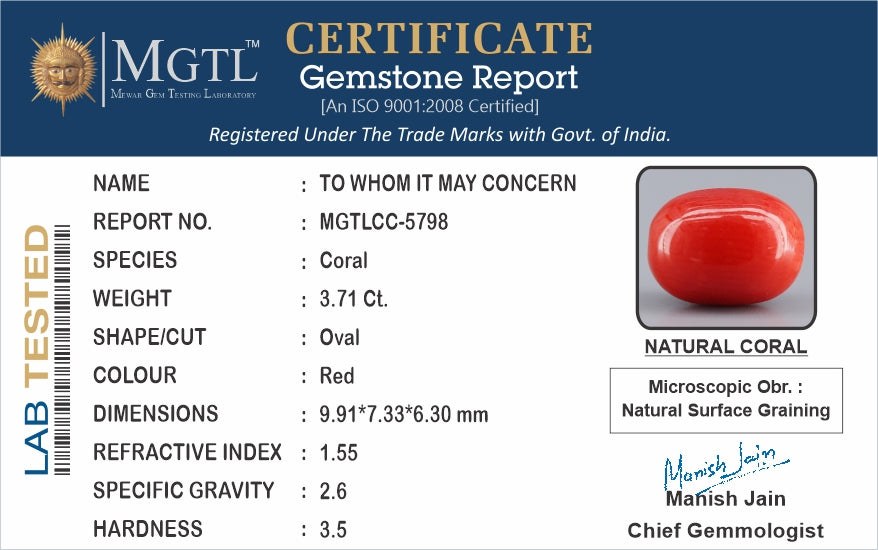 Red Coral - 3.71 Carat (4.10 Ratti - Moonga)