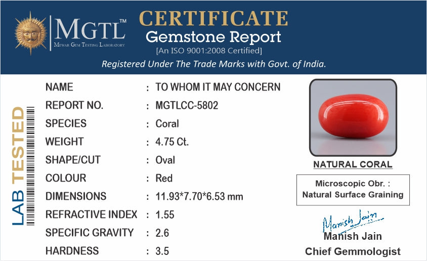 Red Coral - 4.75 Carat (5.25 Ratti - Moonga)