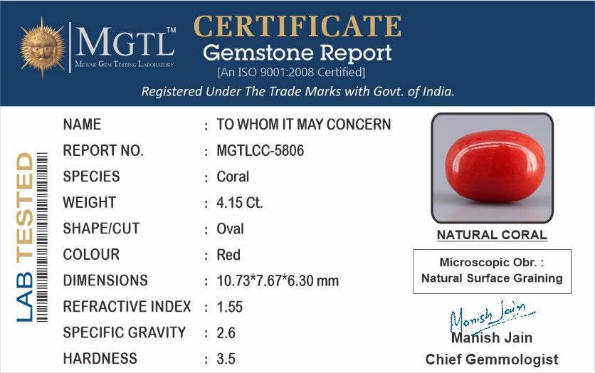 Red Coral - 4.15 Carat (4.59 Ratti - Moonga)