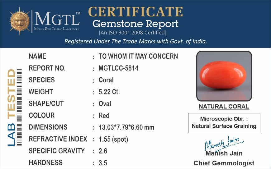 Red Coral - 5.22 Carat (5.77 Ratti - Moonga)