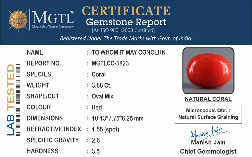 Red Coral - 3.88 Carat (4.29 Ratti - Moonga)