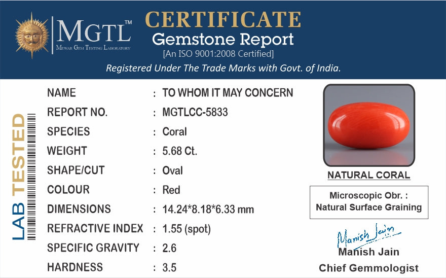 Italian Red Coral - 5.68 Carat Rare Quality CC-5833