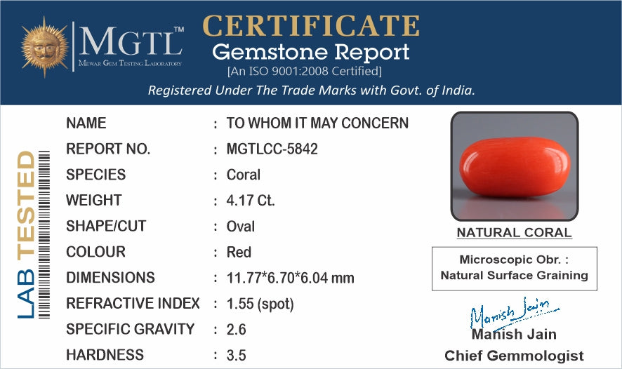 Red Coral - 4.17 Carat (4.61 Ratti - Moonga)