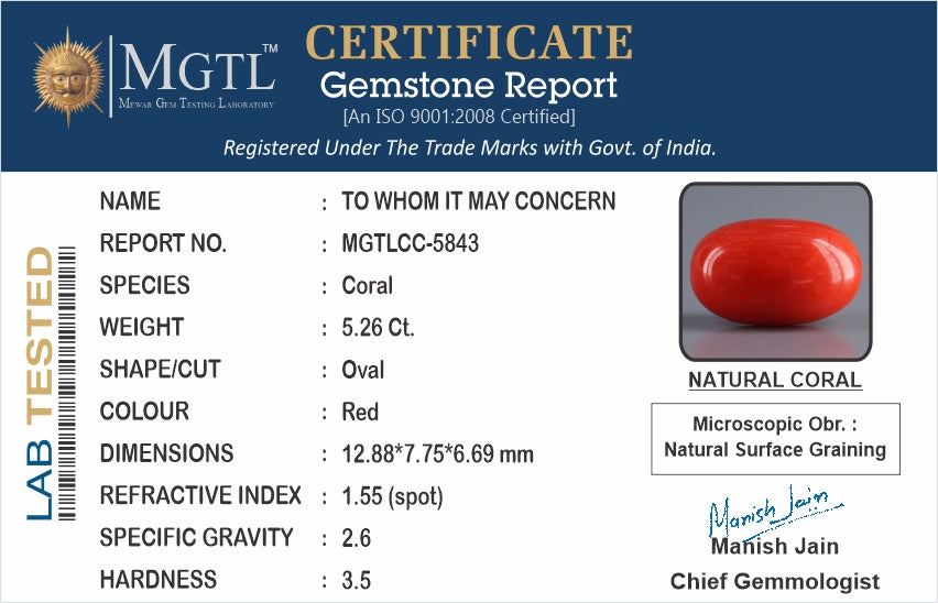 Red Coral - 5.26 Carat (5.81 Ratti - Moonga)