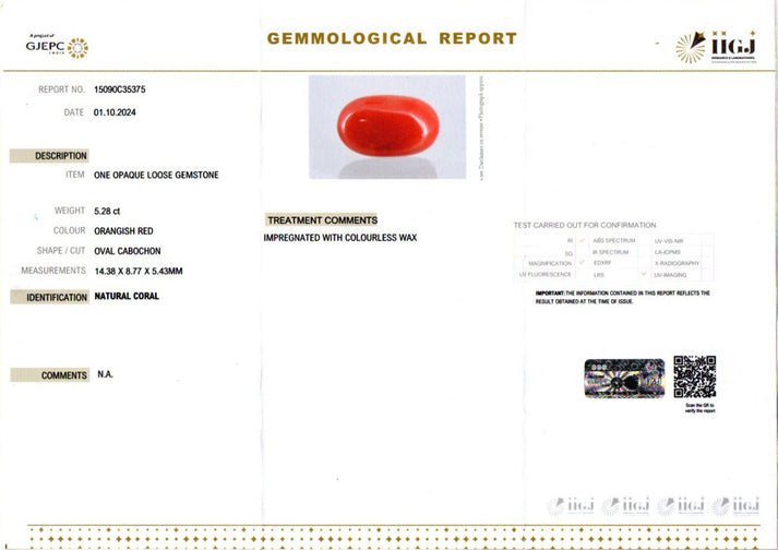 The Real Red Coral stone samples at MyRatna come with authenticity certificates from leading gemstone labs around the world.
