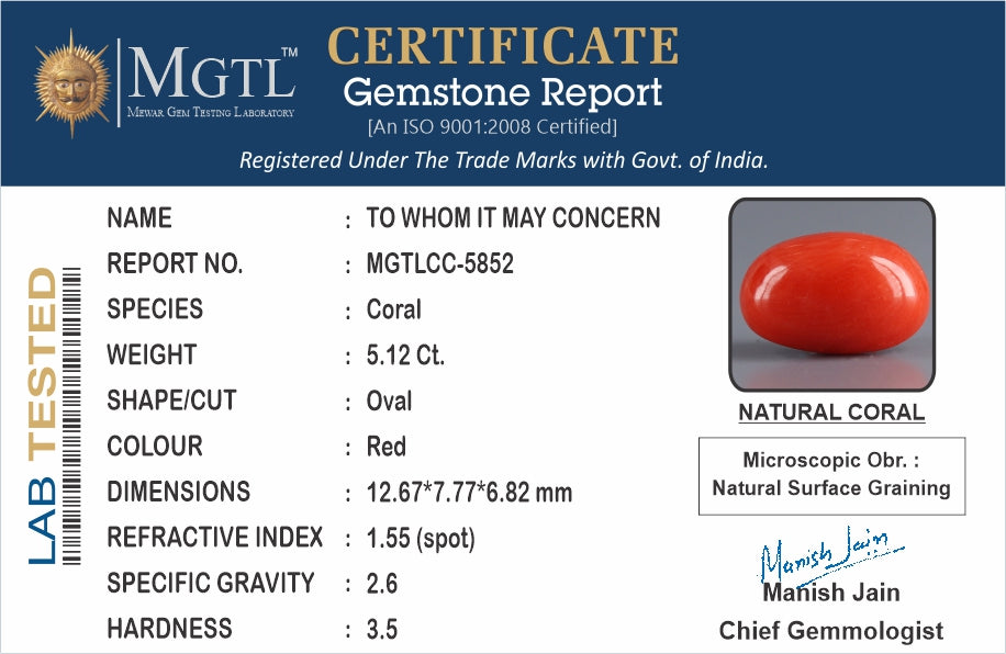 Red Coral - 5.12 Carat (5.66 Ratti - Moonga)