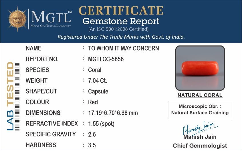 Red Coral - 7.04 Carat (7.78 Ratti - Moonga)
