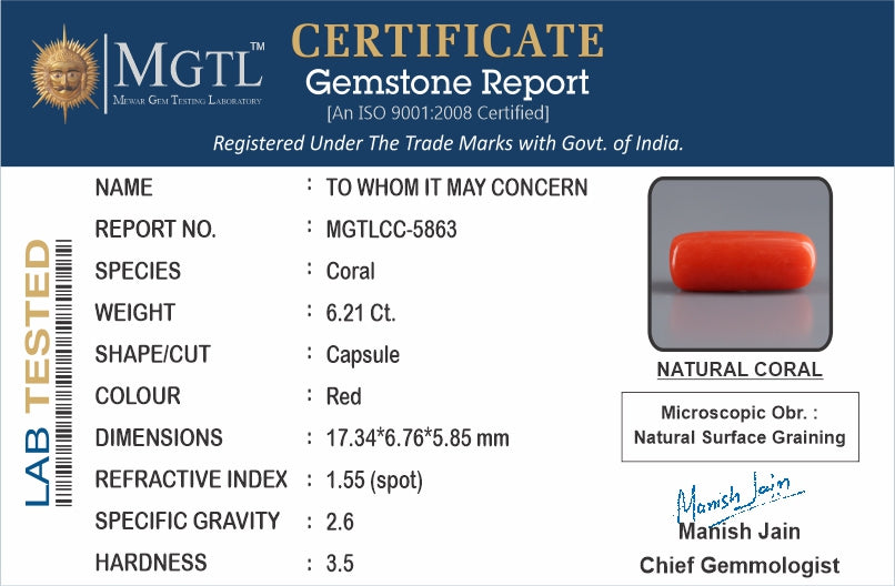 Red Coral - 6.21 Carat (6.86 Ratti - Moonga)