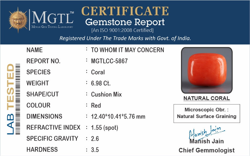 Red Coral - 6.98 Carat (7.71 Ratti - Moonga)