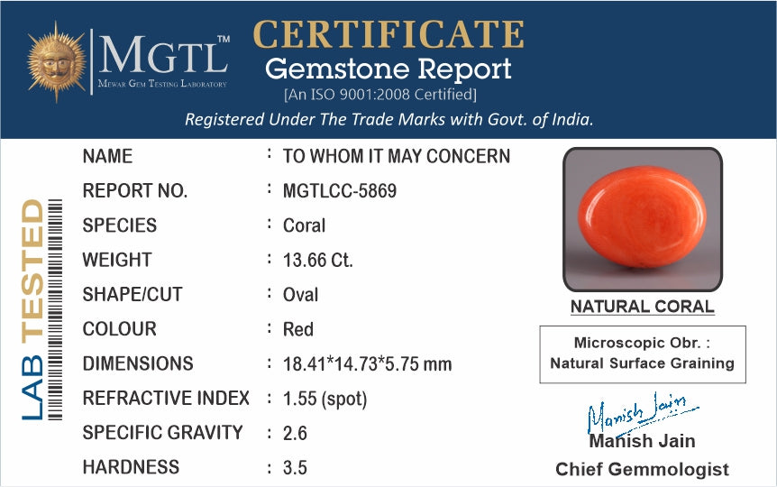 Red Coral - 13.66 Carat (15.09 Ratti - Moonga)