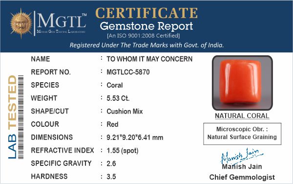 Red Coral - 5.53 Carat (6.11 Ratti - Moonga)