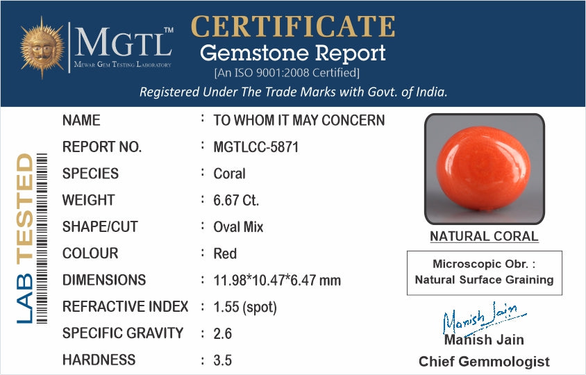 Red Coral - 6.67 Carat (7.37 Ratti - Moonga)