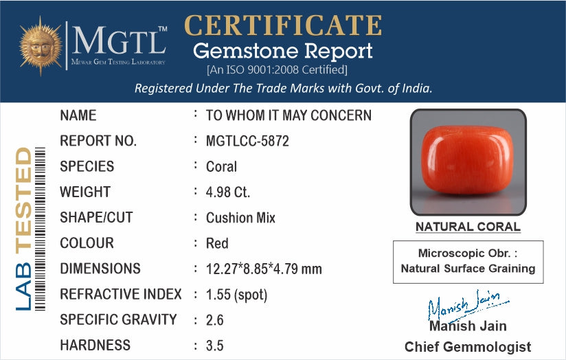 Red Coral - 4.98 Carat (5.50 Ratti - Moonga)