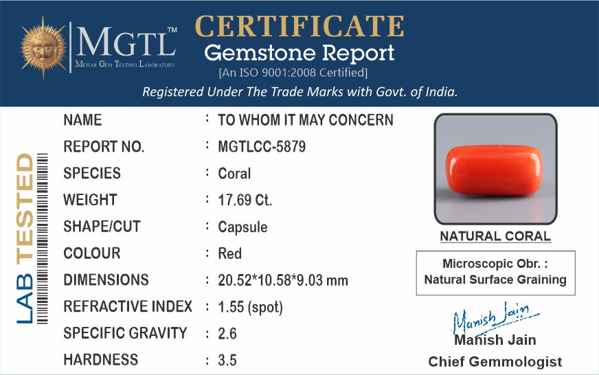 Red Coral - 17.69 Carat (19.55 Ratti - Moonga)