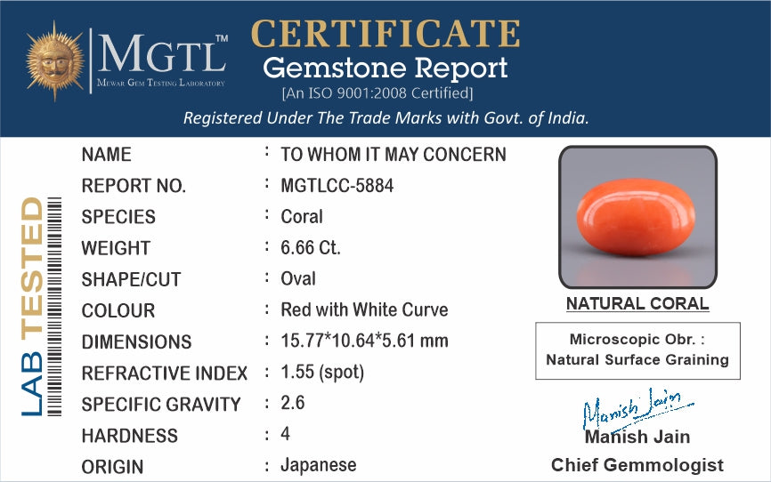 Red Coral - 6.66 Carat (7.36 Ratti - Moonga)