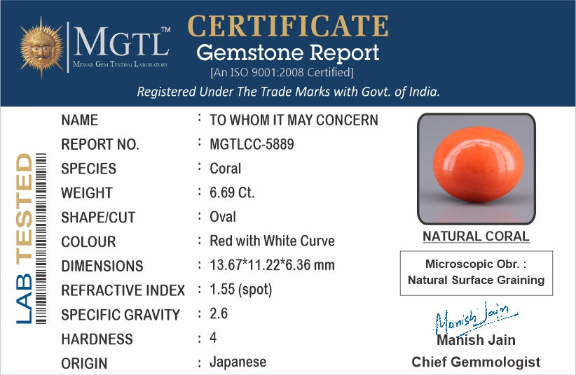 Red Coral - 6.69 Carat (7.39 Ratti - Moonga)
